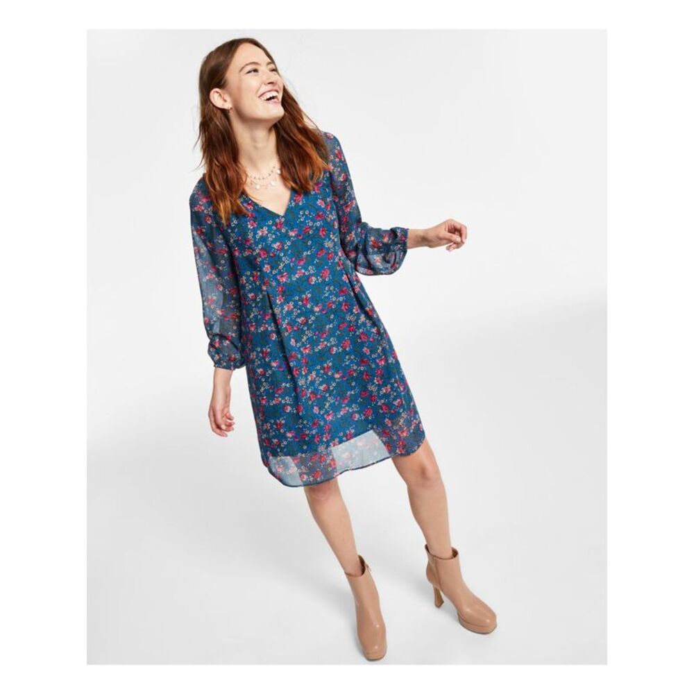 INC DRESSES Womens Blue Lined Belted Blouson Sleeve Above The Knee Shift Dress S